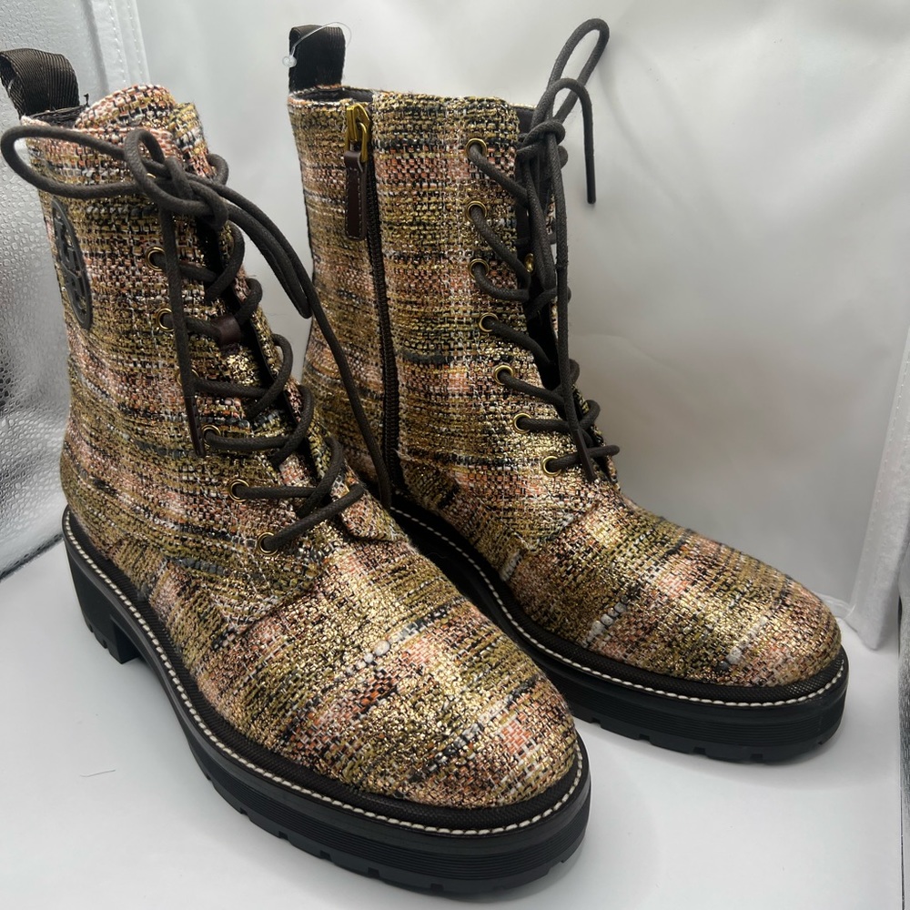TORY BURCH MILLER 50MM LUG SOLE BOOT ROSEGOLD METALLIC TWEED BROWN LOGO - Picture 2 of 12
